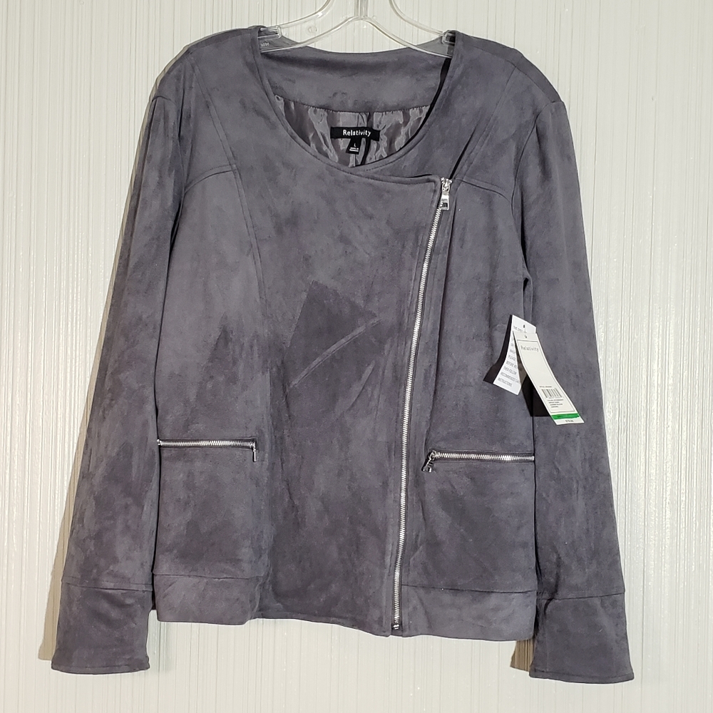 Relativity Storm Gray Faux Suede Zipper Jacket,  Sz L